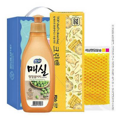 모델하우스판촉물 참그린 매실300용기 크린맥 망사수세미 3종세트